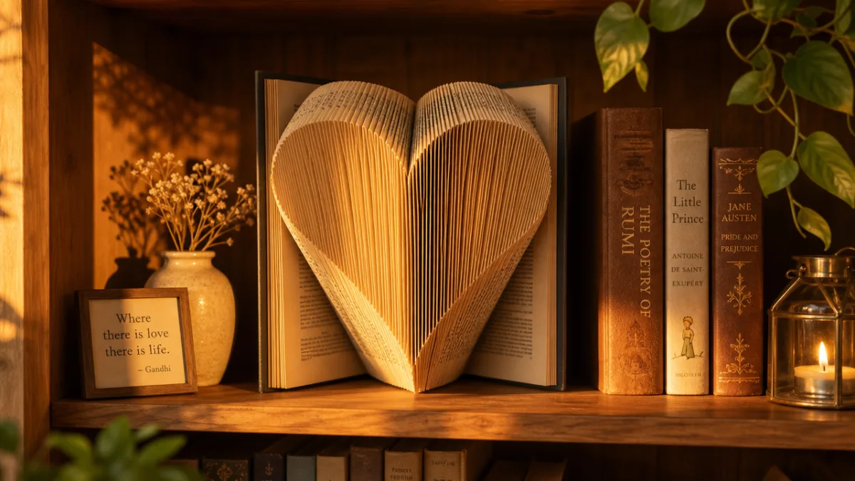 a warm-toned wooden shelf displaying a folded book sculpture shaped like a…