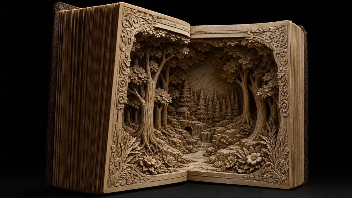 a detailed carved book sculpture showing a miniature forest scene, dramatic studio…