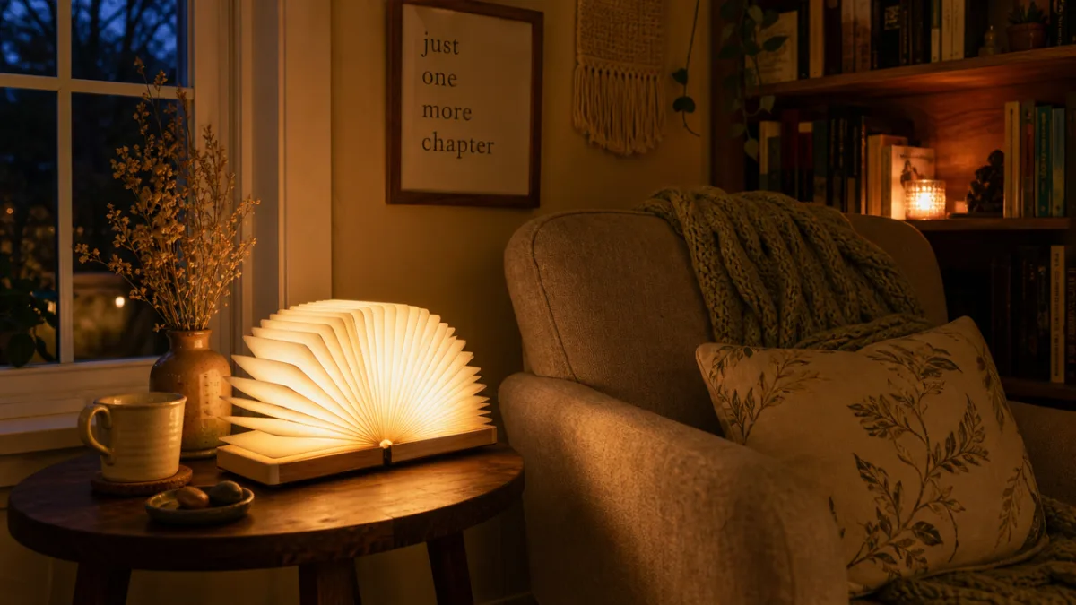 a cozy reading nook with a handmade book lamp glowing warmly on…