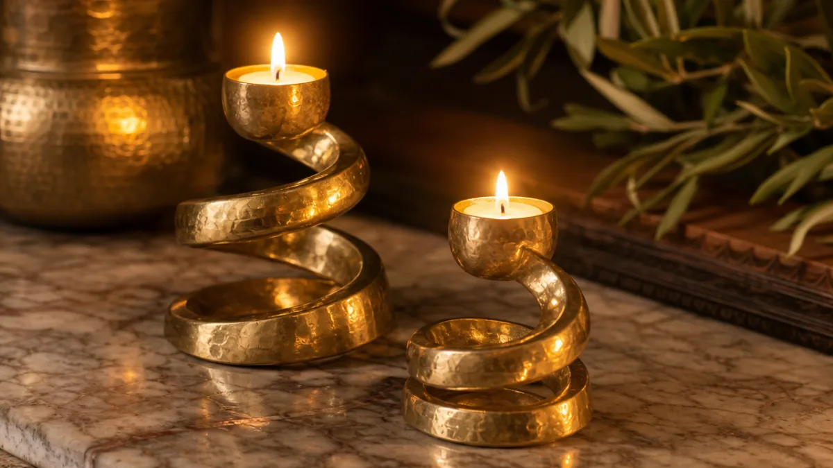 a close-up of polished handmade brass spiral candle holders on a marble…