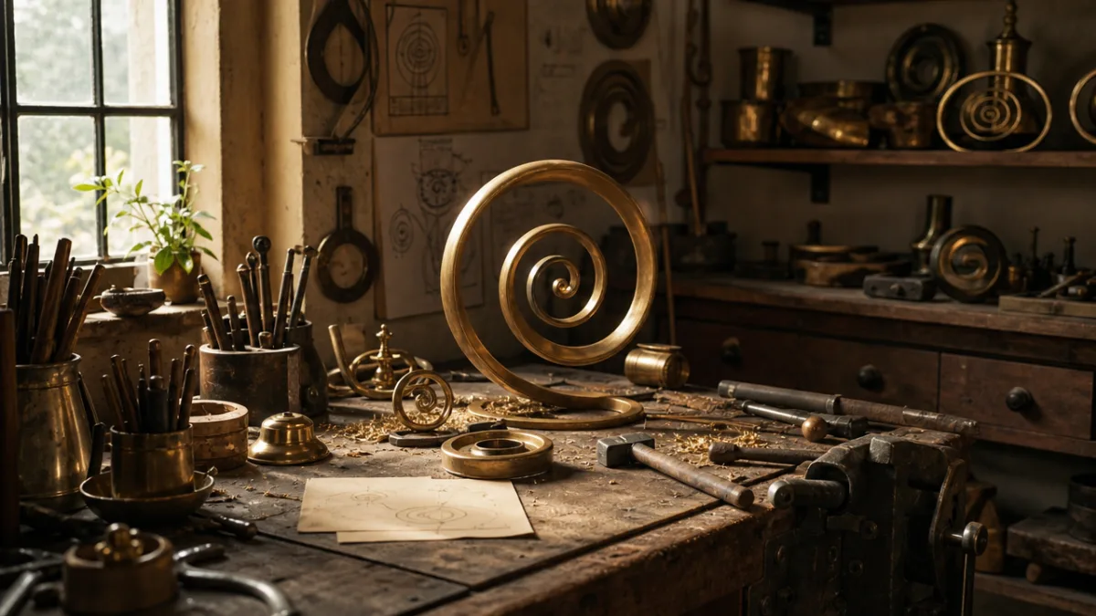 an artisan workshop with brass tools and spiral forms mid-creation, natural side-lighting…