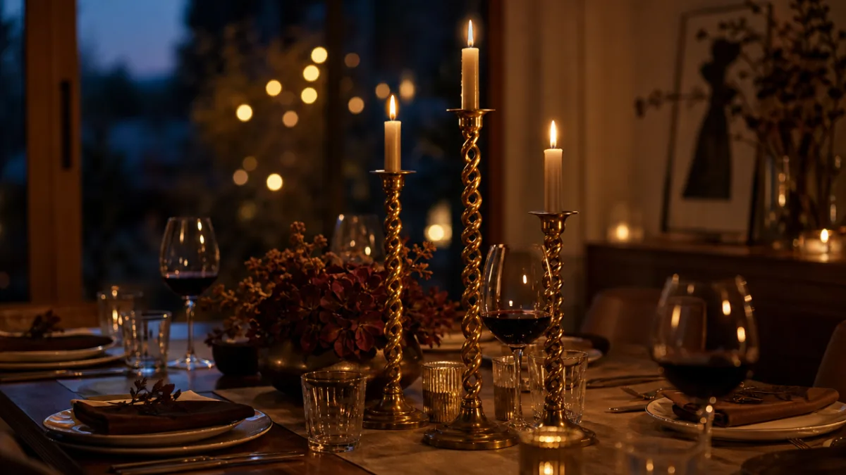 a styled dining table at dusk with brass spiral candle holders lit,…
