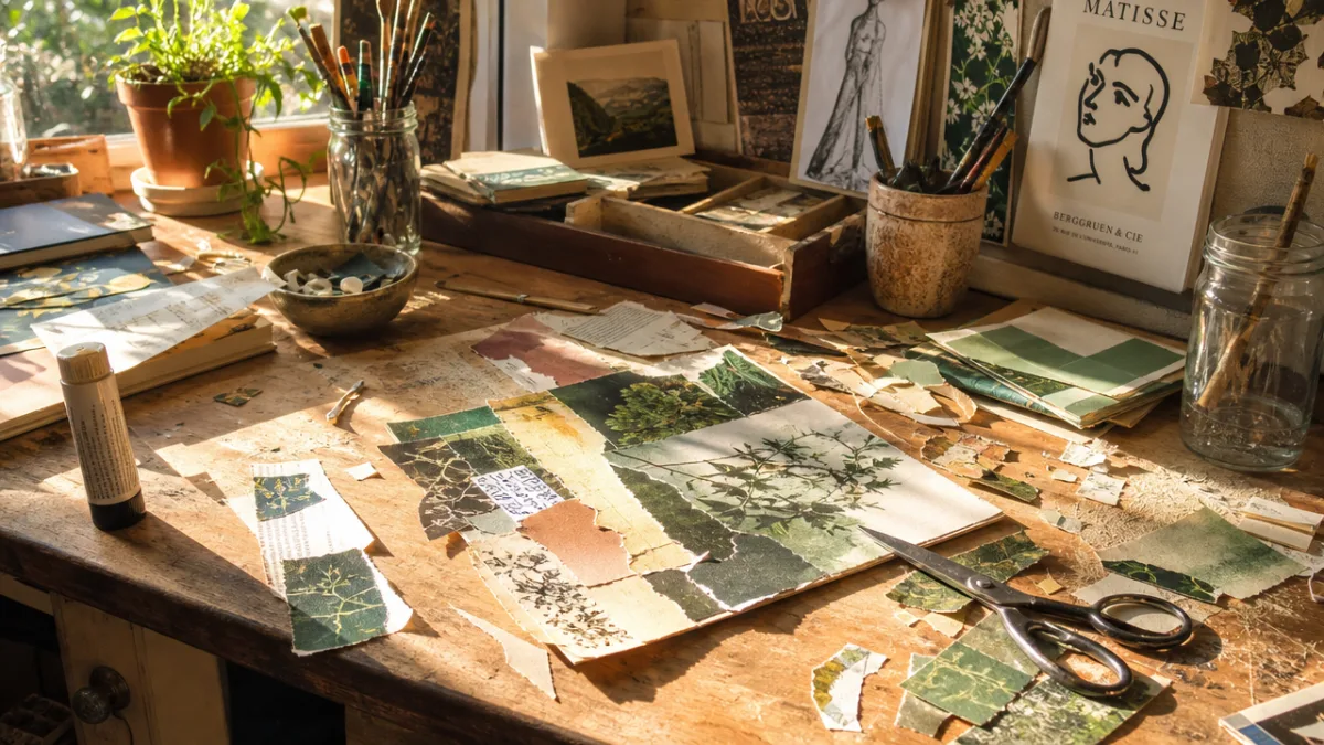 a sunlit artist's studio table covered with torn paper scraps, scissors, and…