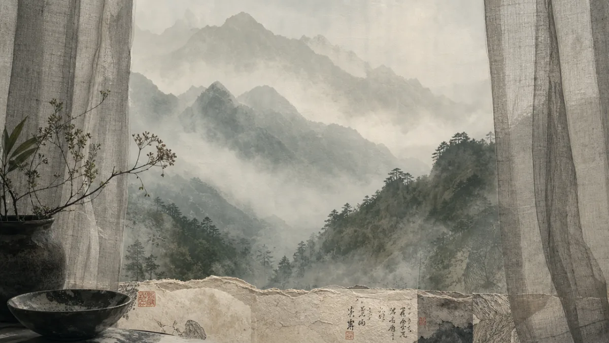 misty mountain landscape seen through gauze curtains, layered textures of paper and…