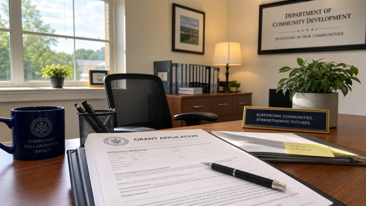 a professional government office desk with grant application forms, pen, and natural…