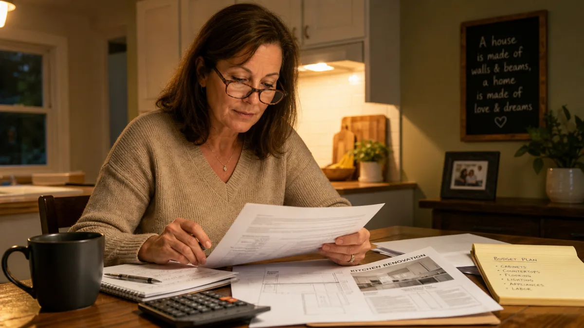a homeowner reviewing documents at a kitchen table with reading glasses, warm…