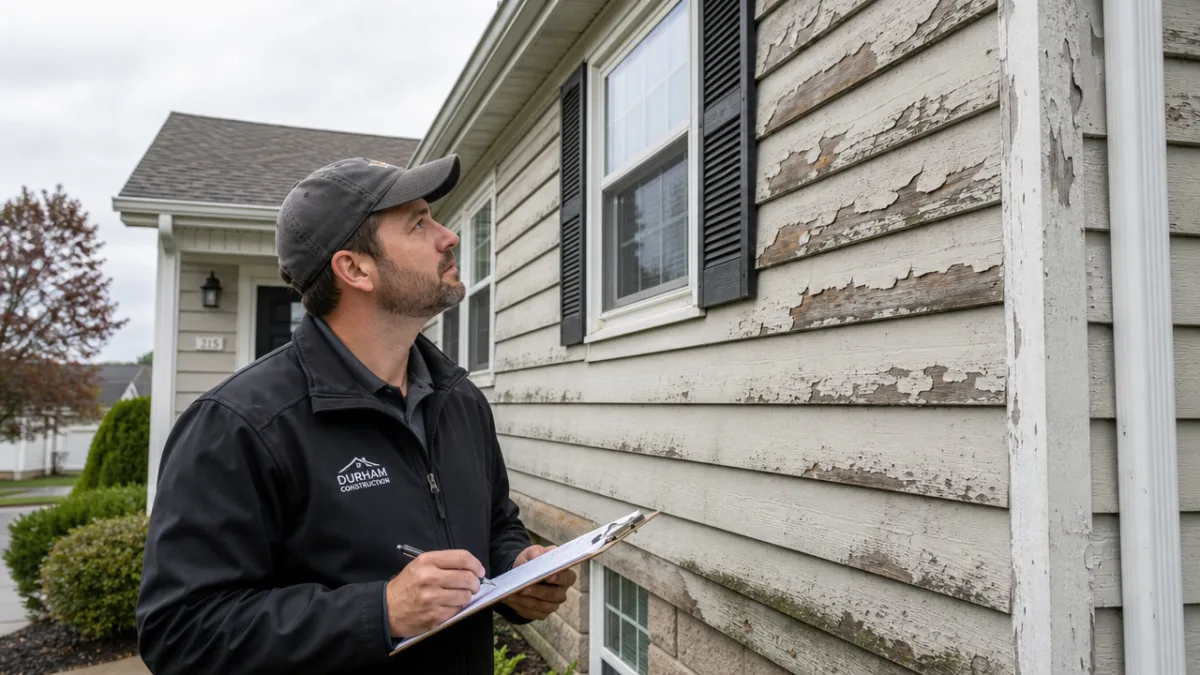 a contractor inspecting a home exterior with clipboard, bright overcast daylight highlighting…