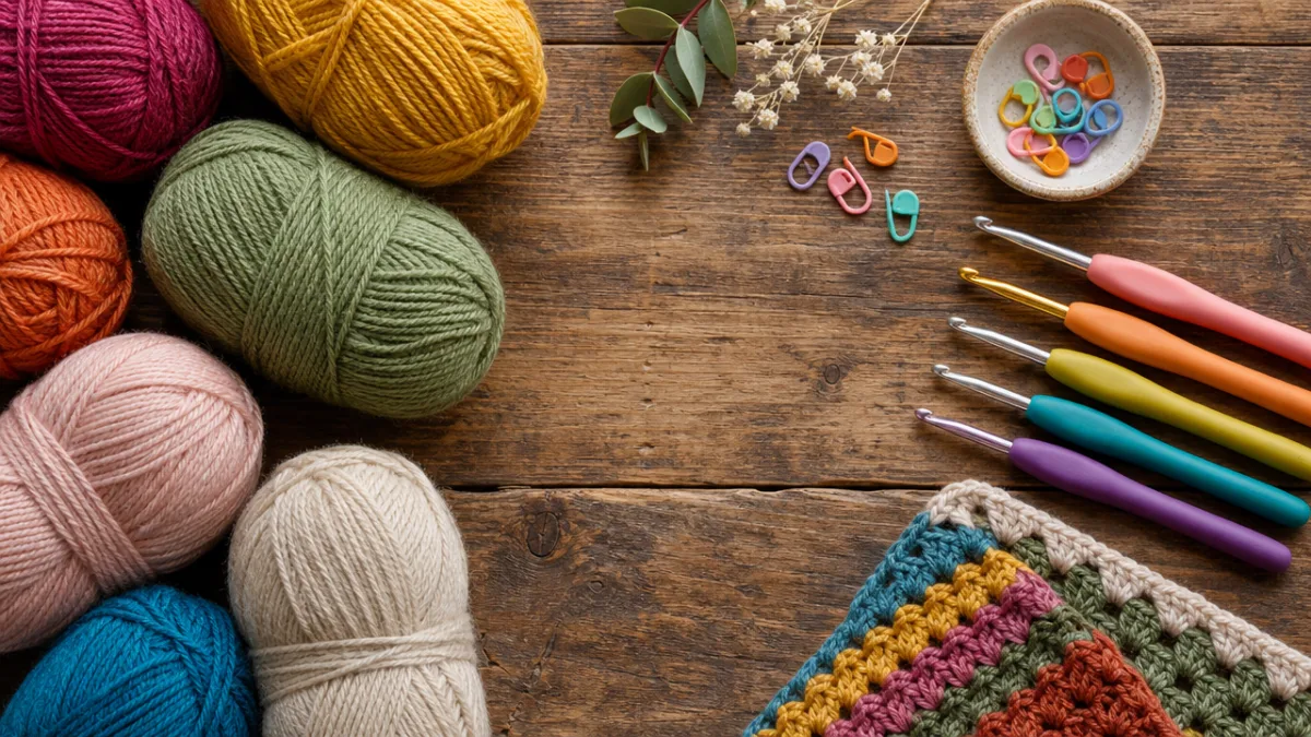 a flat lay of colorful yarn skeins, crochet hooks, and stitch markers…