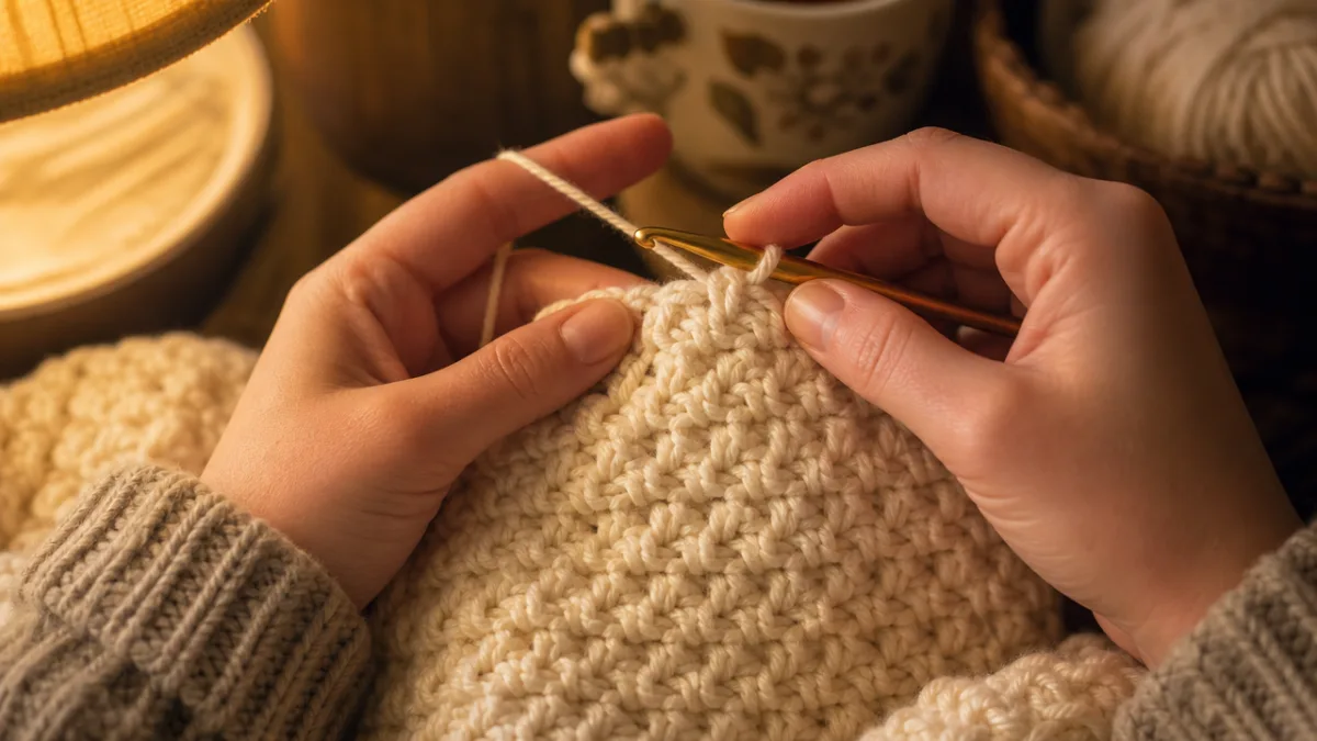 close-up of hands crocheting a textured moss stitch blanket in soft cream…