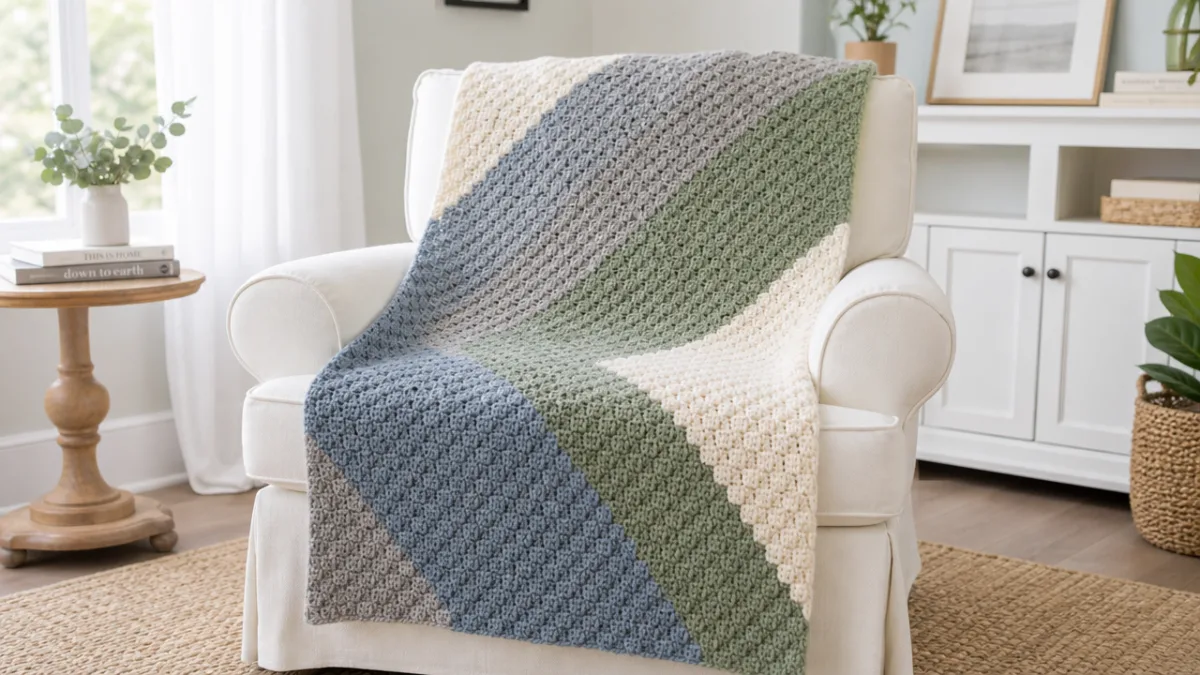 a finished corner to corner crochet blanket draped over a white armchair…