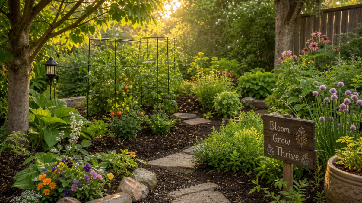 a lush home garden with rich dark soil and layered mulch beds,…