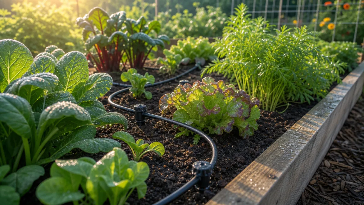 a drip irrigation system weaving through a raised vegetable garden bed, soft…