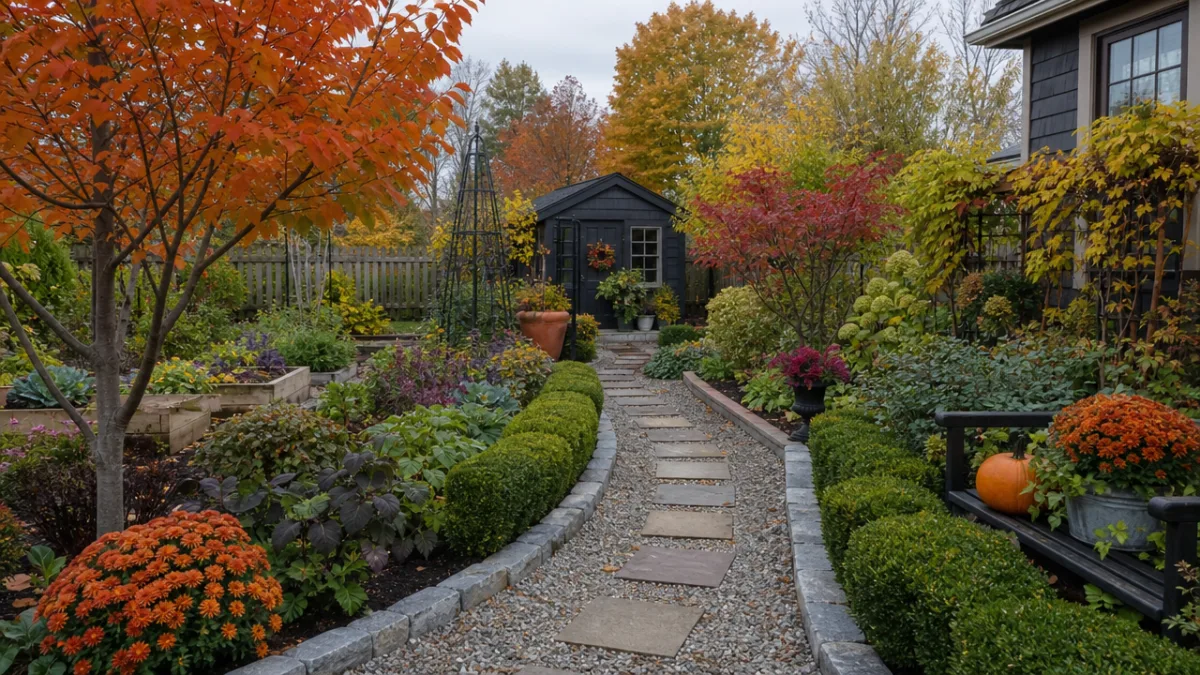 a beautifully organized home garden in autumn with colorful foliage and tidy…