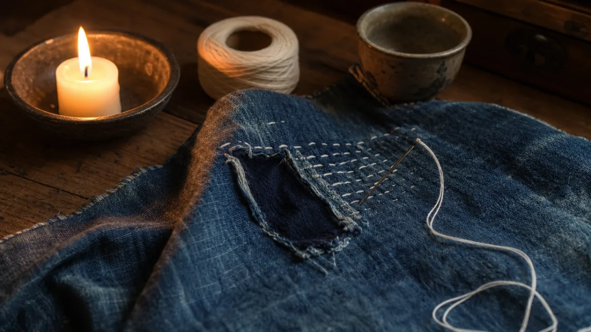 worn indigo fabric being stitched with white thread on a wooden table,…