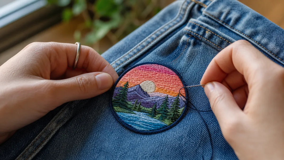 close-up of hands stitching a colorful patch onto denim jeans, soft natural…