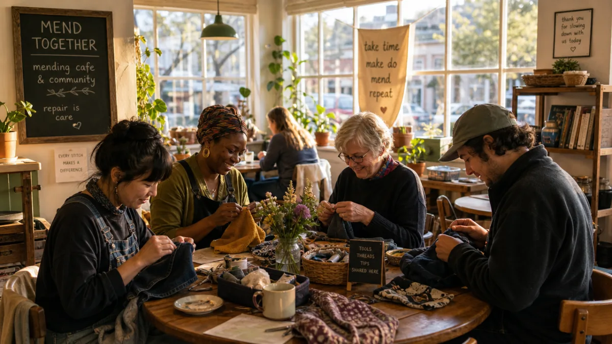 a sunlit mending cafe with people gathered around a table stitching fabric,…