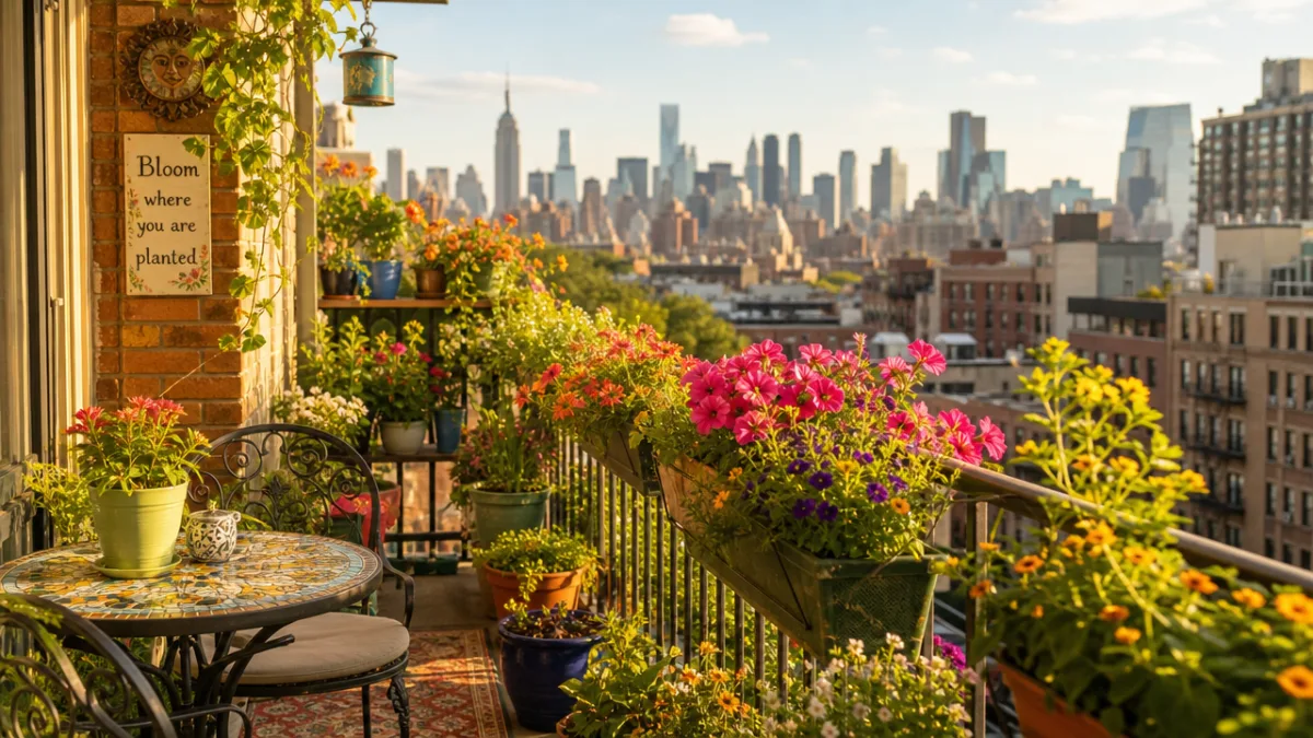 a sunny urban balcony covered in colorful flower containers with a city…