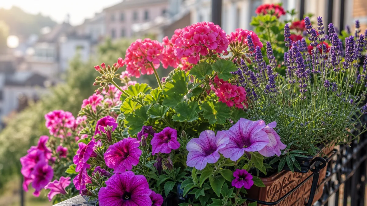 a close-up of vibrant balcony flower containers with petunias, geraniums, and lavender,…