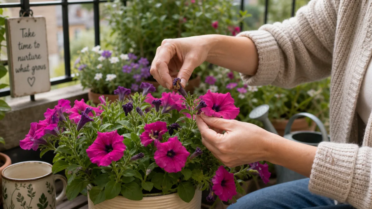 hands gently deadheading bright petunia blooms on a cozy balcony garden, soft…