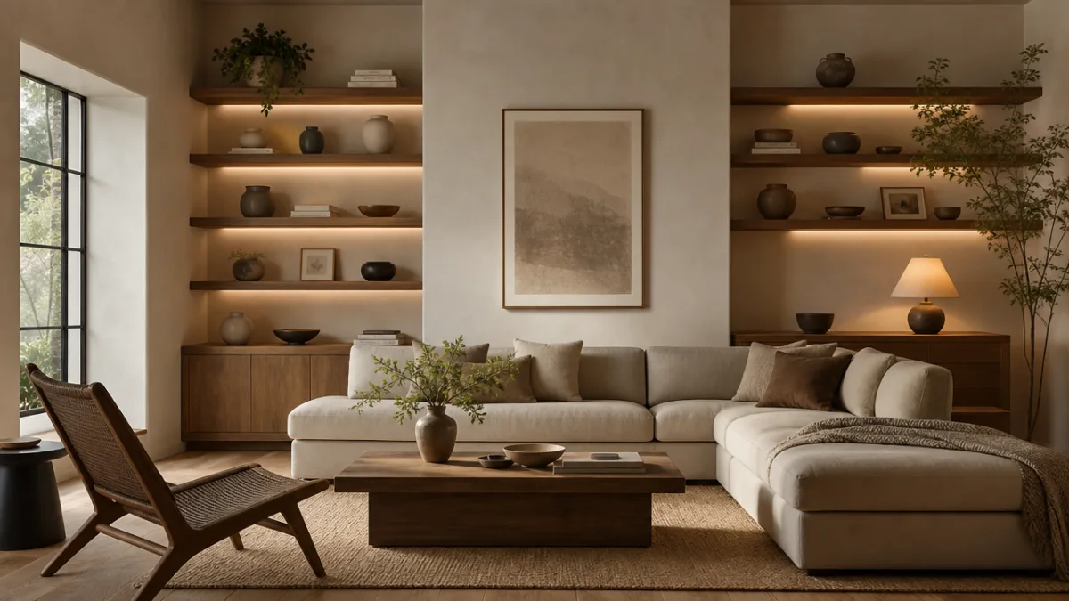 a serene unisex living space with neutral tones, wooden shelves and ceramic…