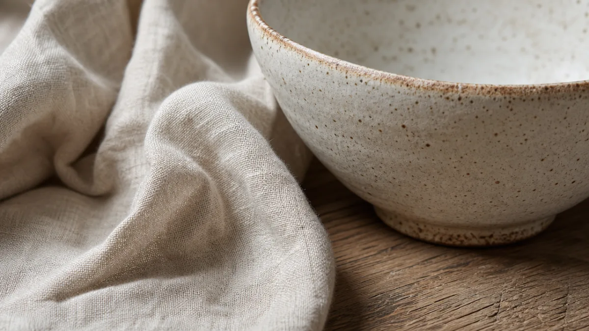 close-up of natural materials including ceramic bowl, linen fabric and wooden surface,…