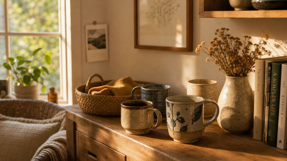 a cozy home corner with handmade ceramic mugs and woven basket, golden…