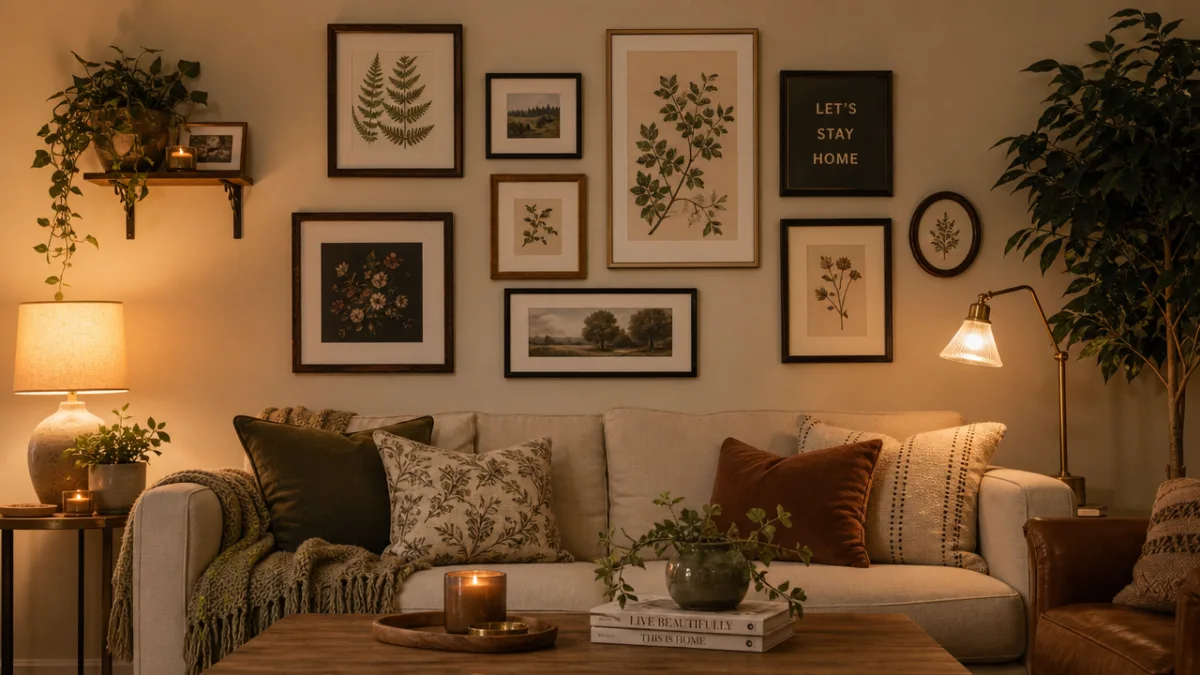 a cozy living room gallery wall with mixed frames and botanical prints,…