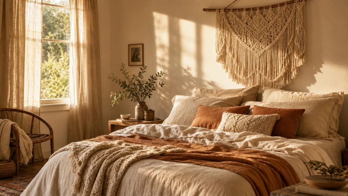 a cozy bedroom with layered linen textiles, macramé wall hanging, and soft…
