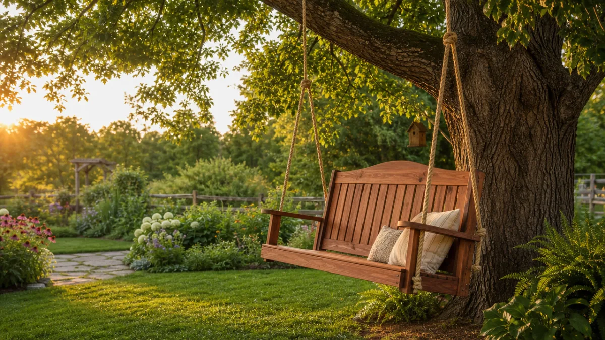 a rustic cedar wooden swing hanging from a large oak tree in…