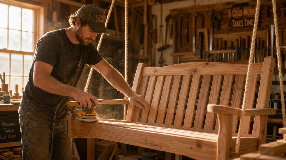a person sanding a handcrafted wooden porch swing in a sunlit workshop,…