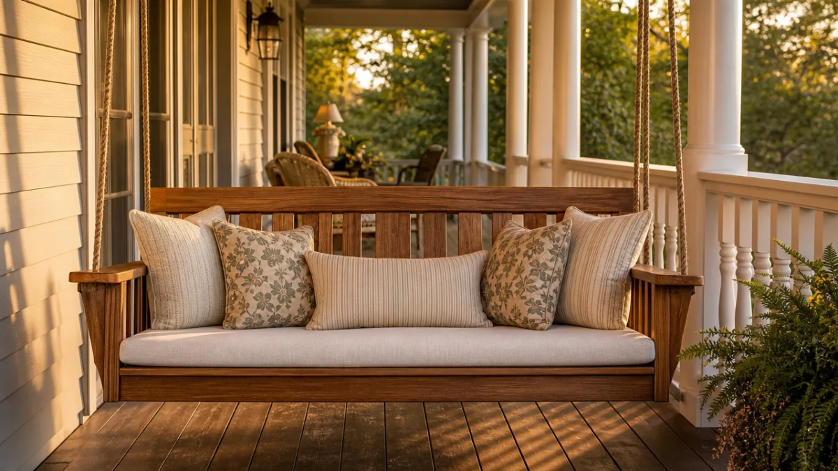 a beautifully finished wooden porch swing with cushions on a wraparound porch,…
