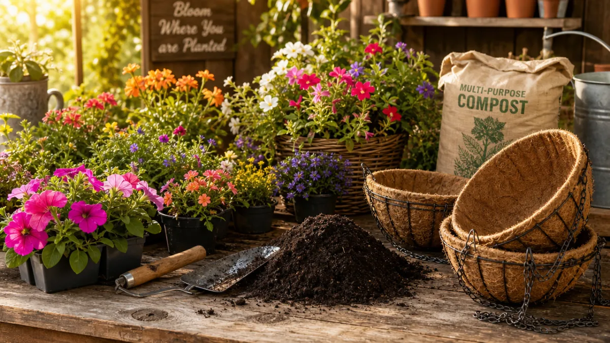 a rustic wooden table covered in vibrant summer bedding plants, compost, and…