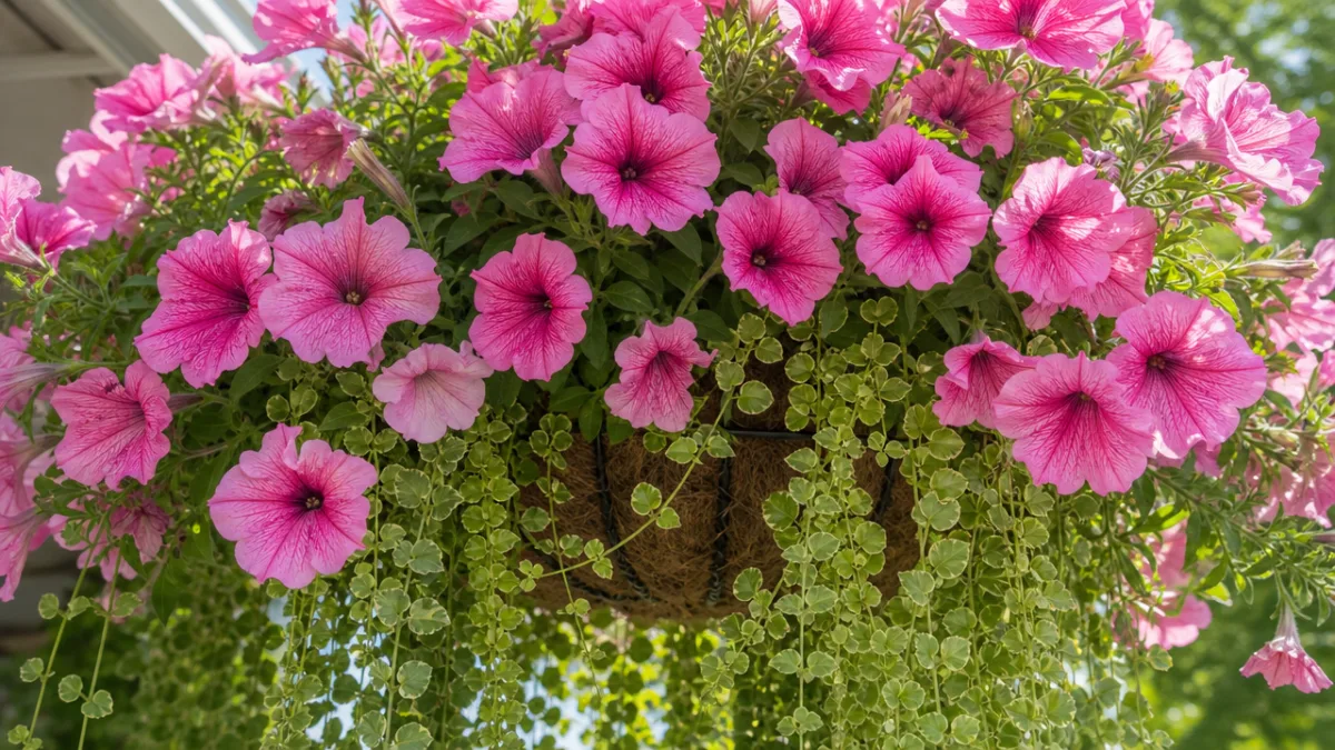 close-up of a lush hanging basket overflowing with pink petunias and trailing…