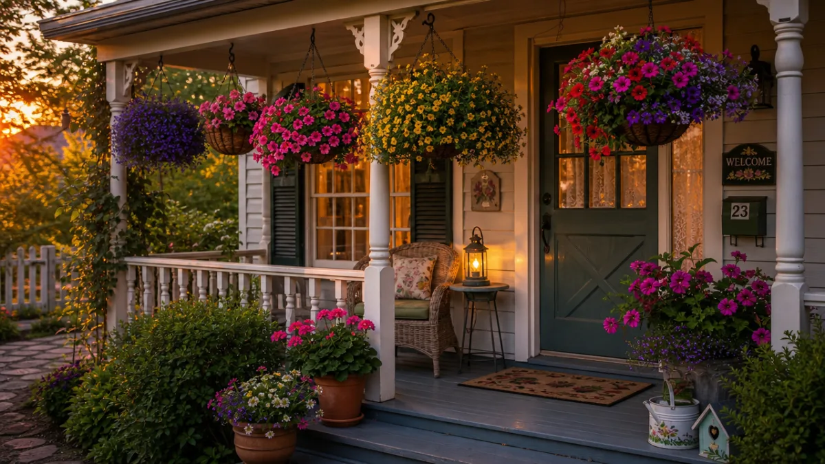 a charming cottage front porch with multiple colourful hanging baskets, soft evening…