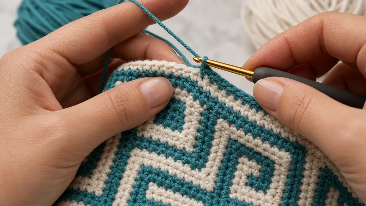 close-up of hands crocheting a geometric mosaic pattern with teal and cream…