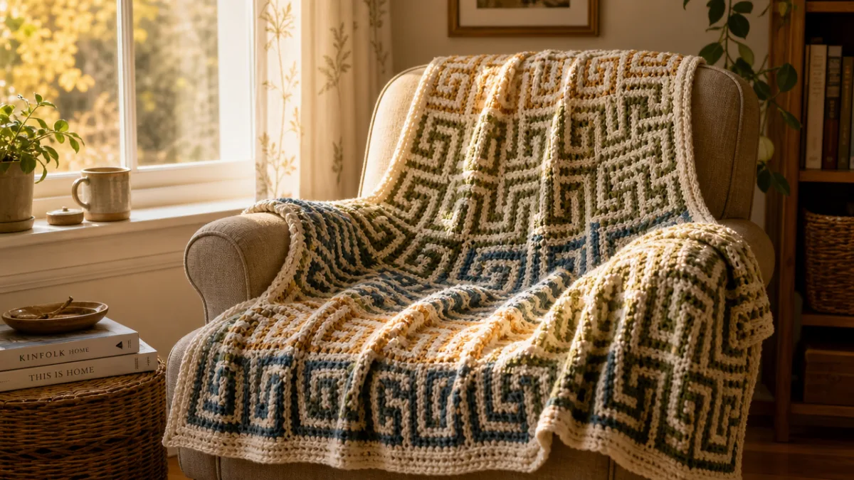 finished mosaic crochet blanket draped over a cozy armchair beside a window,…