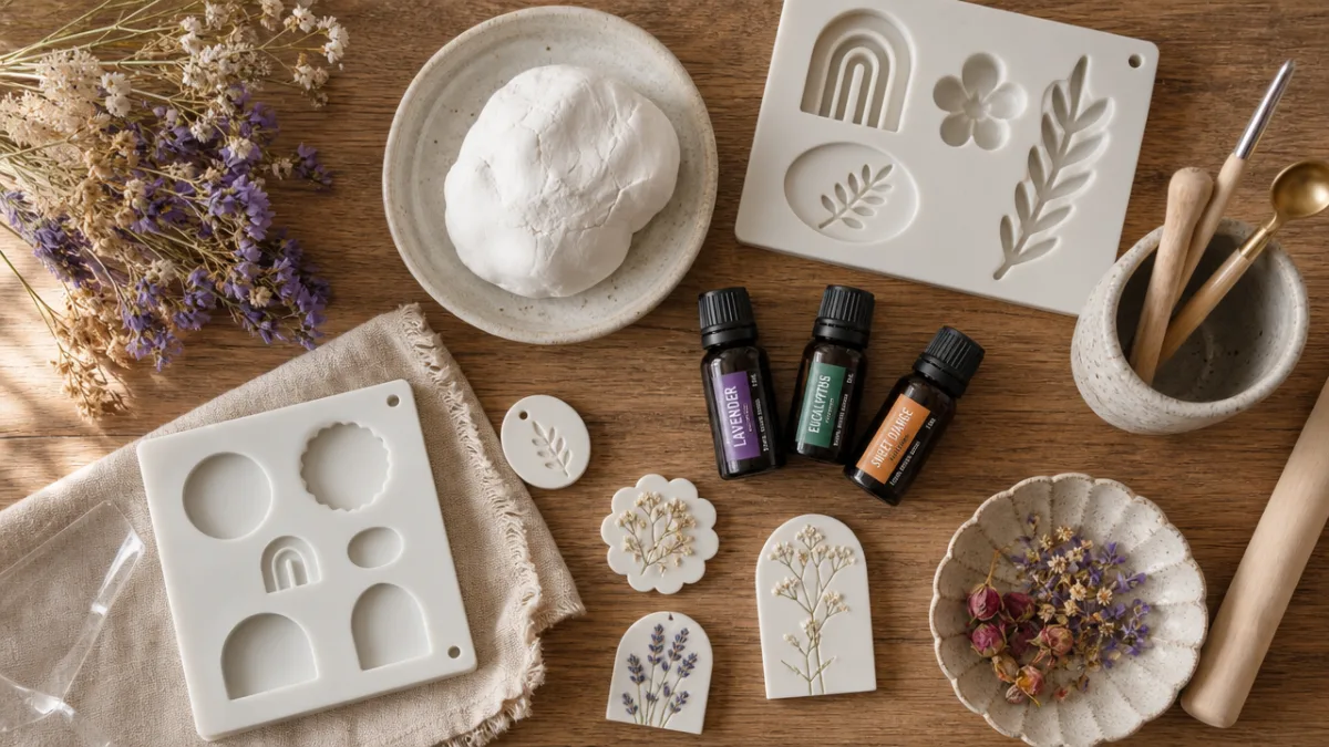 a flat lay of craft supplies including white clay, essential oil bottles,…