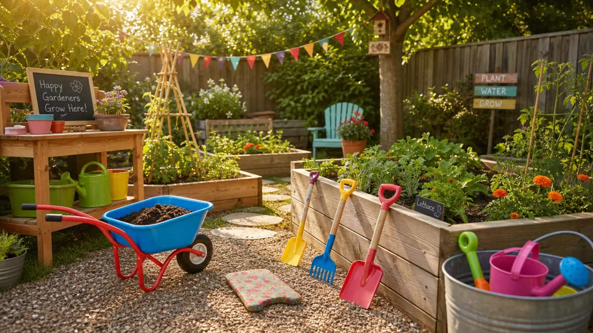 a sunlit backyard garden with colorful child-sized tools and raised planter beds,…