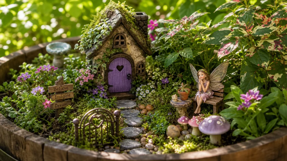 a close-up of a colorful fairy garden in a wooden container, soft…
