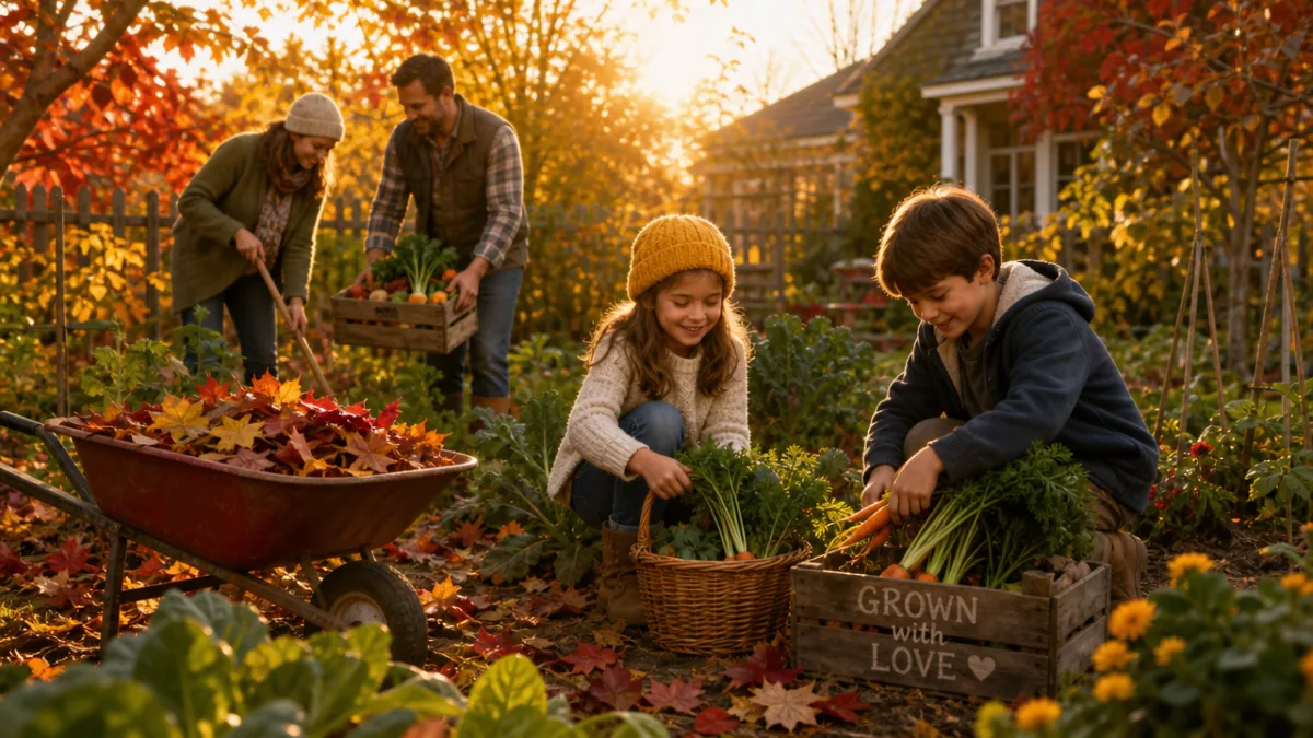 a family garden in autumn with children gathering vegetables and colorful leaves,…