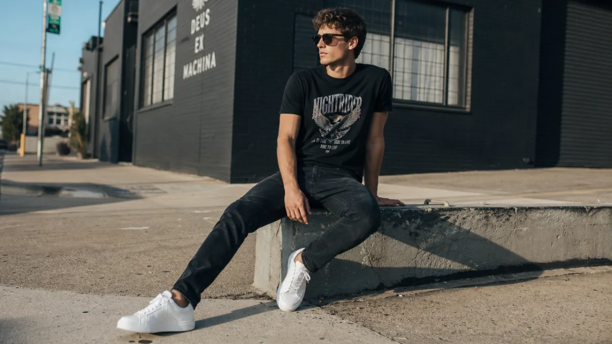 a stylish male model wearing a black graphic tee with dark denim…