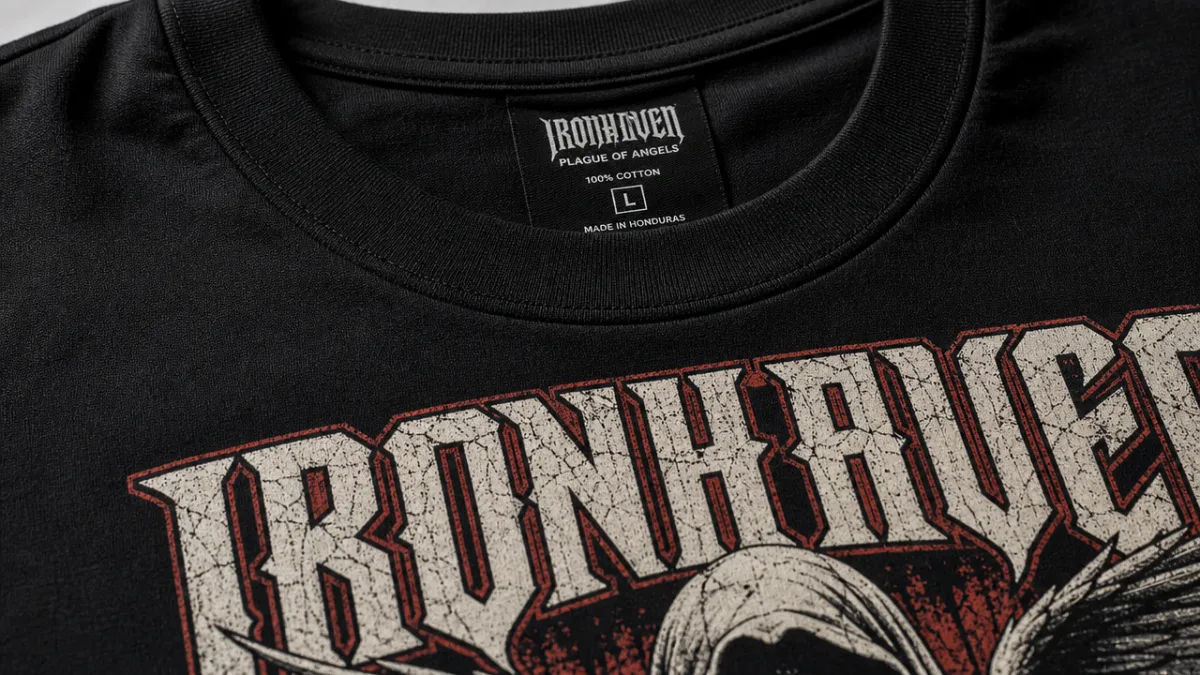 a close-up detail shot of a black tee collar and chest graphic,…