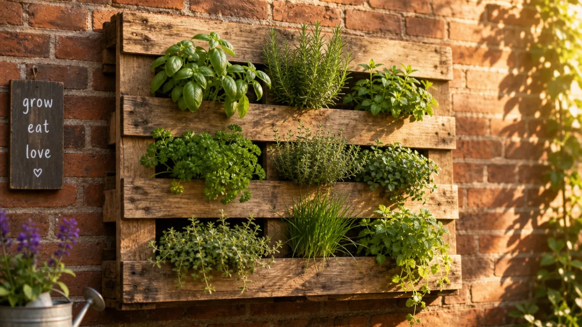 a rustic wooden pallet garden mounted on a sunlit brick wall with…