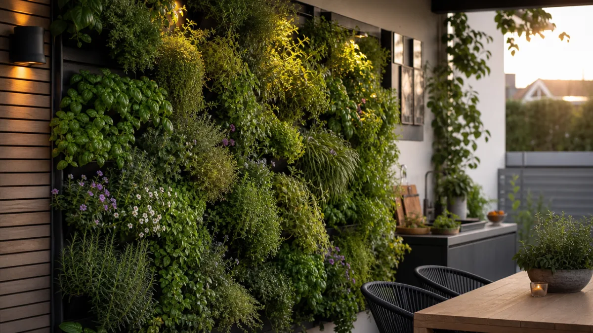a lush vertical living wall of mixed herbs and trailing plants on…