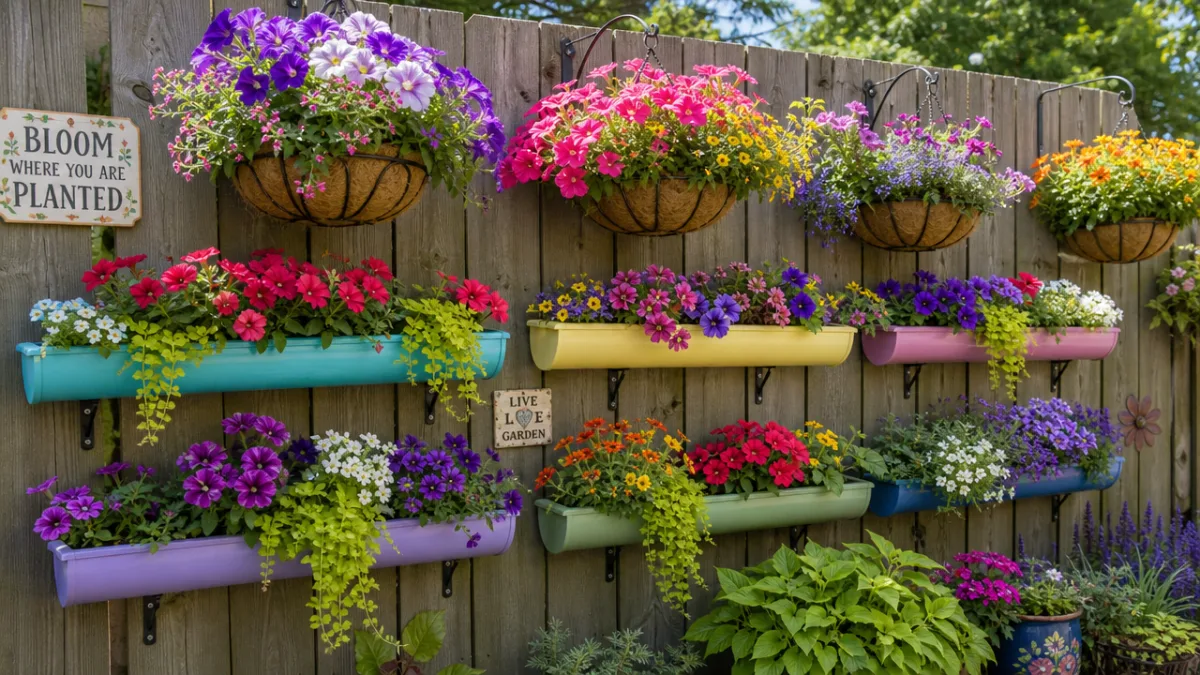 a colorful array of hanging baskets and repurposed gutter planters on a…