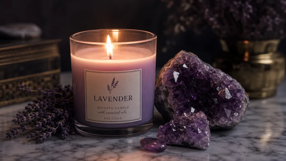 a glowing lavender-scented candle with amethyst crystals beside it on a marble…
