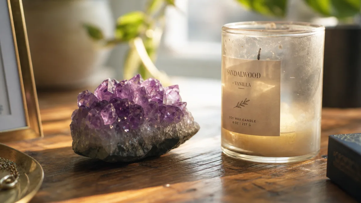 a retrieved amethyst crystal resting on a wooden surface beside a spent…