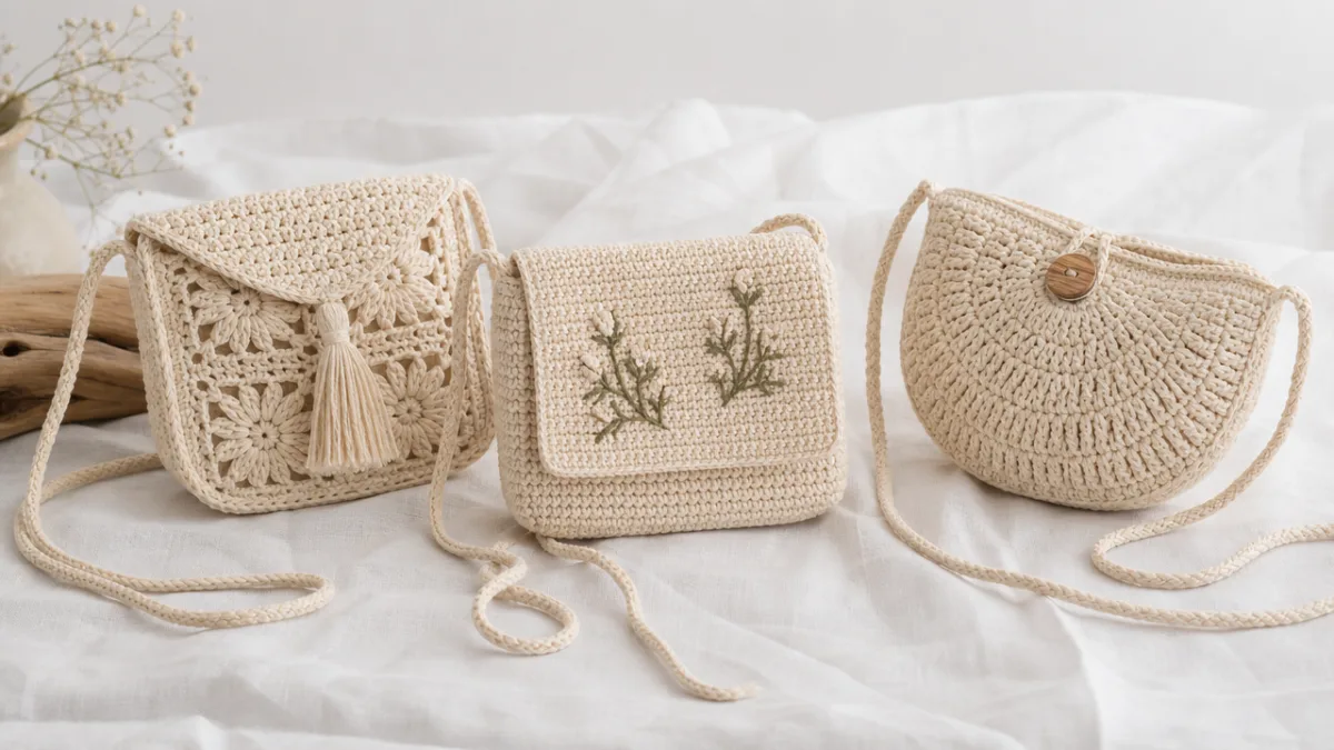 handmade crochet crossbody bags in natural cotton displayed on a white linen…
