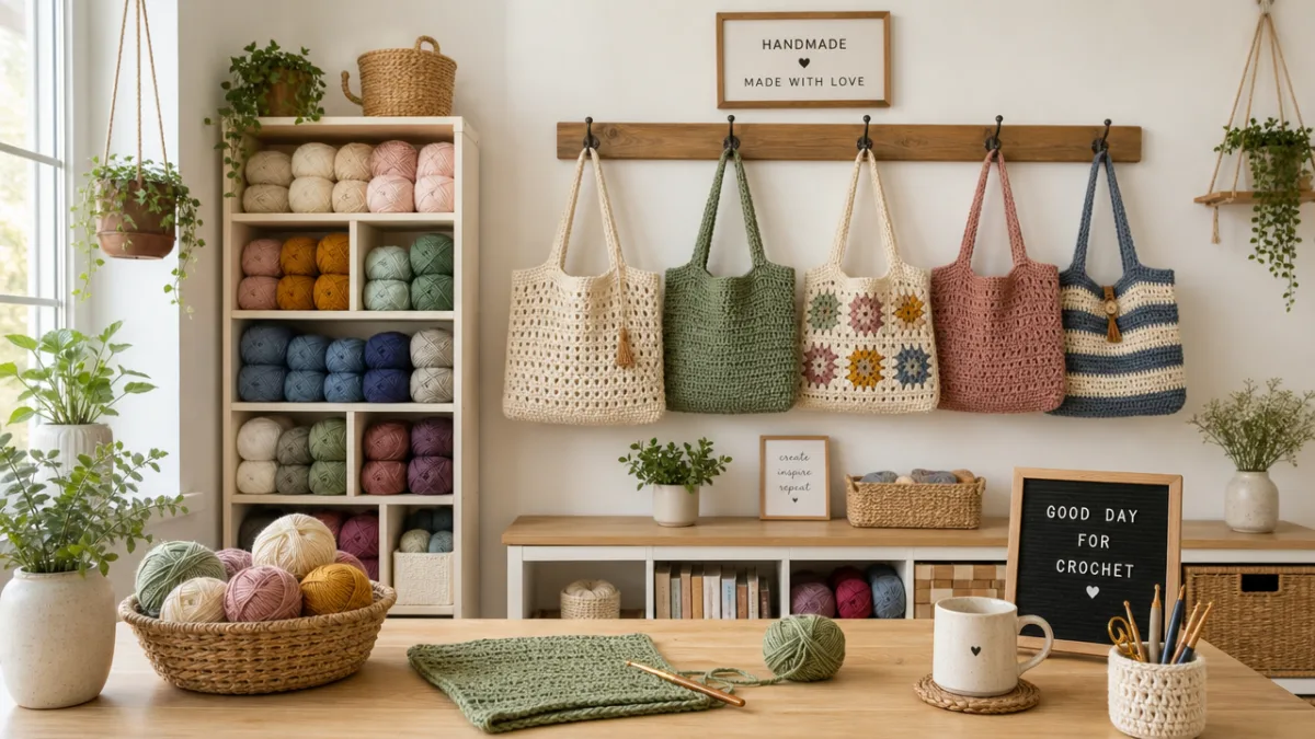 a neatly organized crochet workspace with finished tote bags hanging on hooks,…
