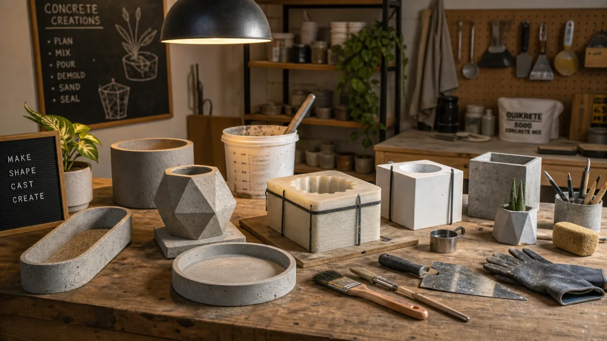 a creative workshop with concrete casting tools and molds arranged on a…
